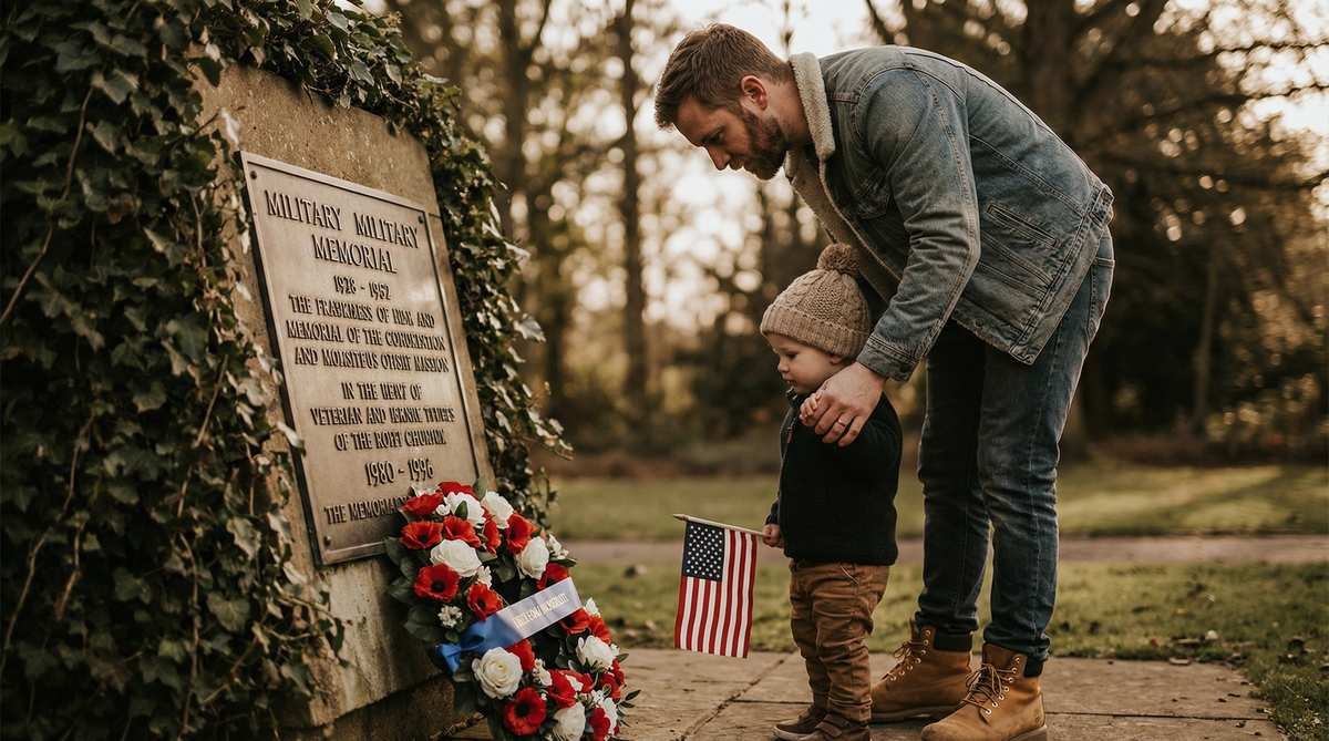 A father holds his young child's hand at a military memorial, with a wreath of red and white flowers and a small American flag, representing the enduring bond of a Gold Star family.