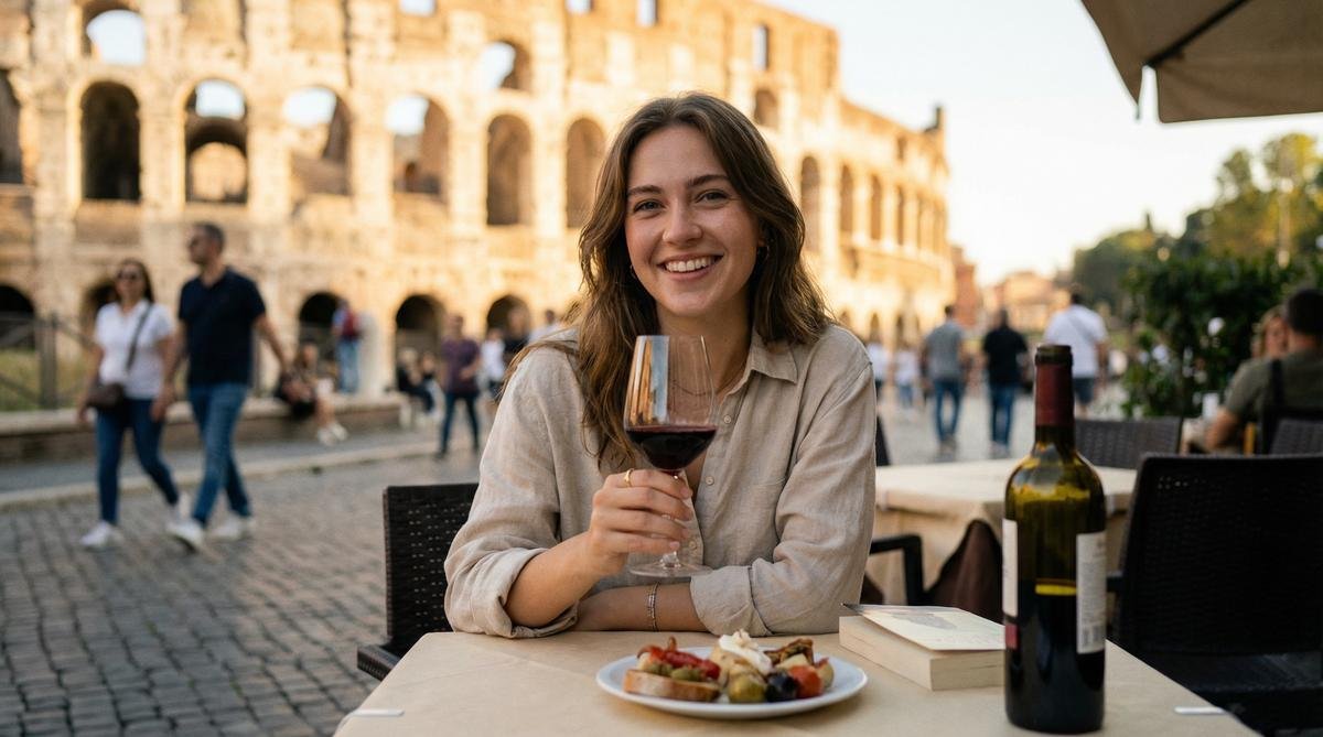 Young woman enjoying a glass of red wine at an outdoor café near the Colosseum in Rome, Italy