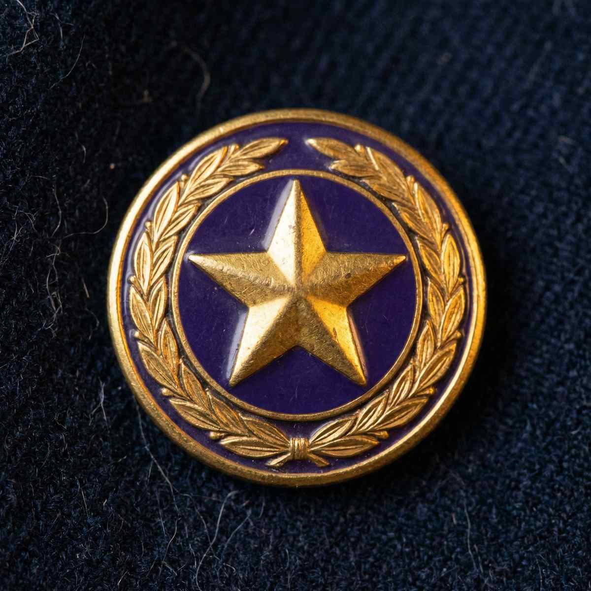 A close-up of the Gold Star Lapel Button, featuring a gold star on a purple background with gold laurel leaves, resting on a dark navy fabric.