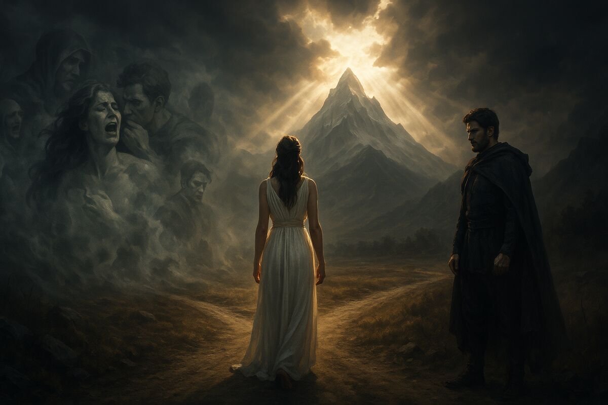 Dramatic scene of woman at crossroads with Greek mythology elements, representing Too Late Daughter Olympus Forsakes story