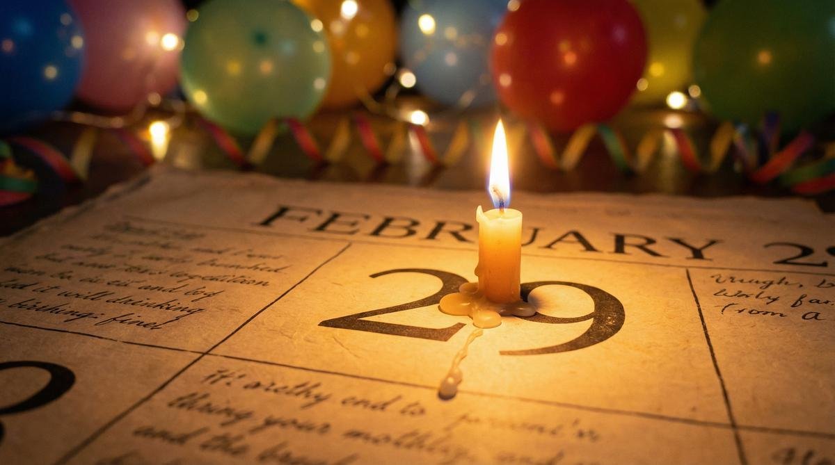 A calendar showing February 29 with a birthday candle, symbolizing the rarest birthday in the world