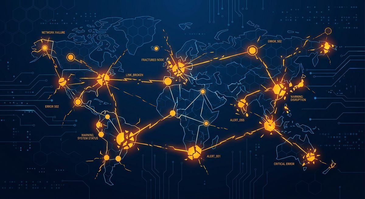 418dsg7 error fractured digital network nodes with amber warning glow showing application failure state