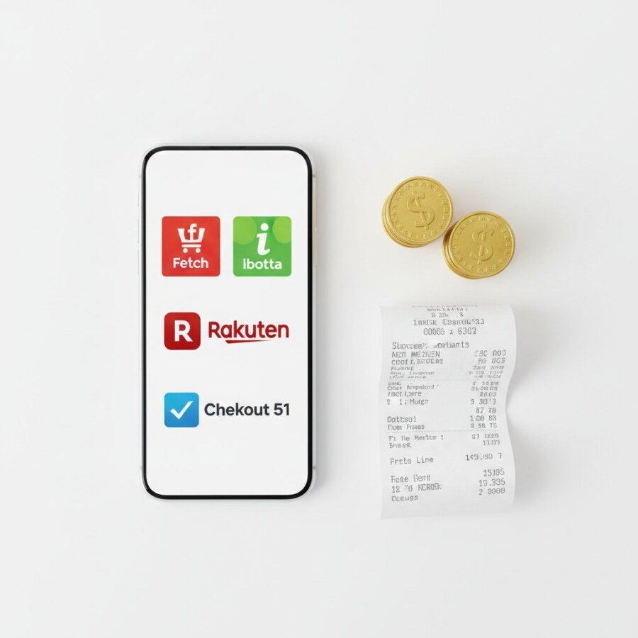 Multiple cashback app icons on a smartphone screen next to a grocery receipt and stacked gold coins, demonstrating how to stack apps like Shopkick for maximum rewards