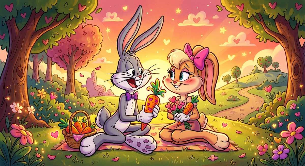 Bugs Bunny girlfriend Lola Bunny romantic cartoon illustration in classic Looney Tunes style