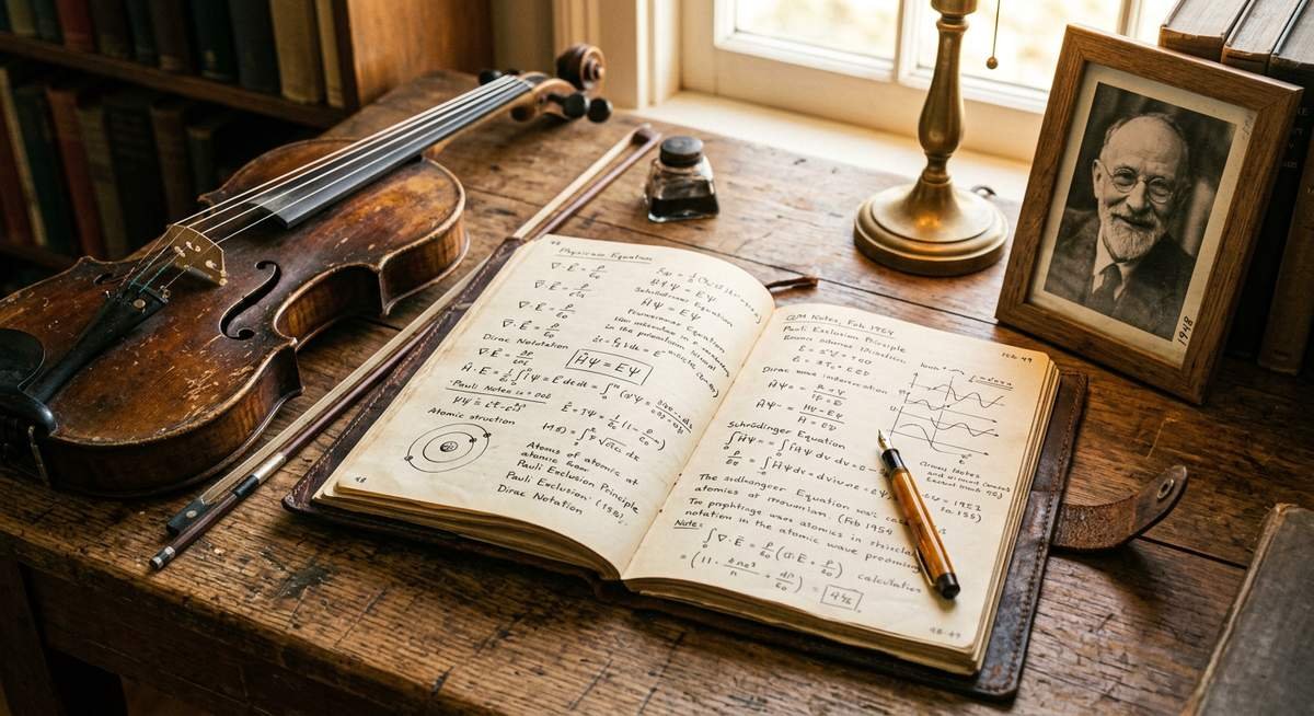 charles quincy ascher einstein, Einstein family legacy objects: leather notebook with physics equations, antique violin and photograph on wooden desk