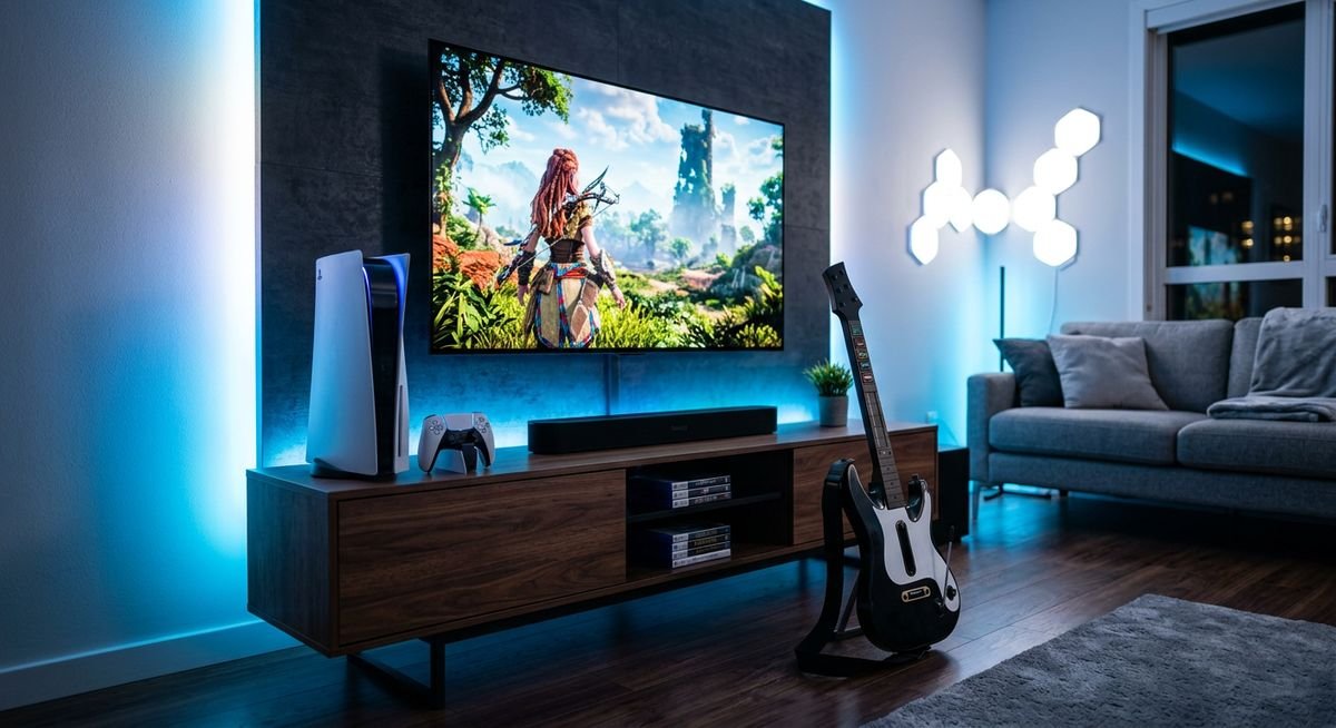 guitar hero ps5 — modern PS5 gaming setup with guitar controller and LED lighting