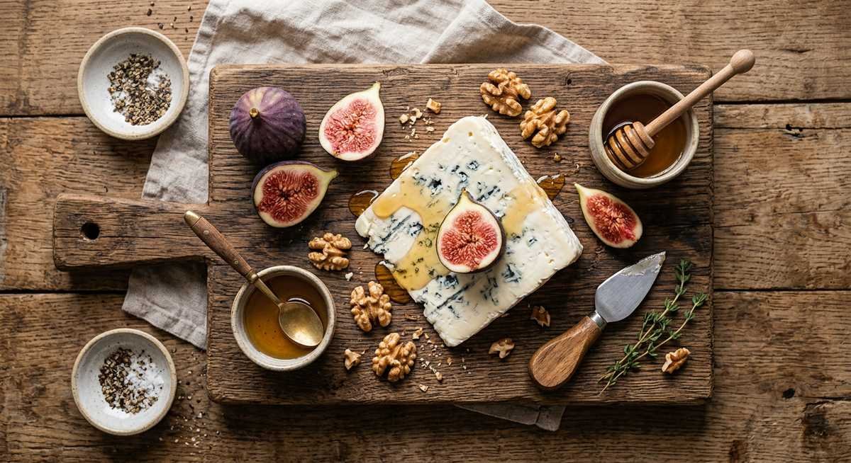 masgonzola creamy blue cheese fusion on a wooden board with figs walnuts and honey