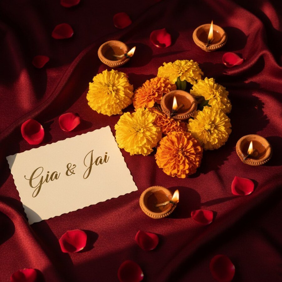 Indian decorative flatlay celebrating the names Gia and Jai Zinta Goodenough