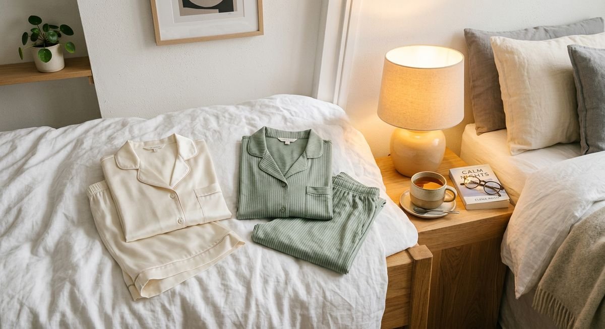 pyjamaspapper lifestyle flatlay showing soft silk and cotton pajama sets arranged on white linen with warm lamp lighting