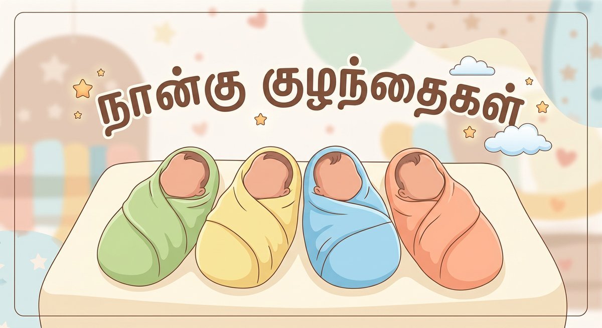 quadruplets meaning in tamil illustrated with four newborn babies and Tamil script