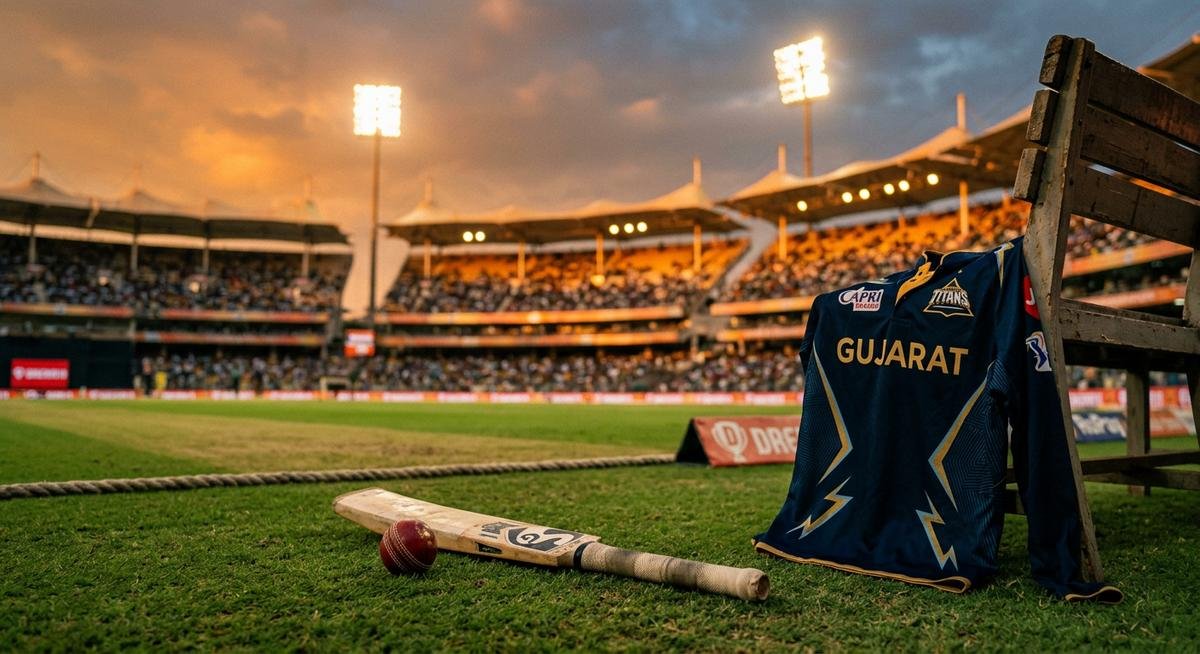 Sai Sudharsan girlfriend 2025 — Gujarat Titans cricket bat and stadium at golden hour representing the cricketer's personal life and career