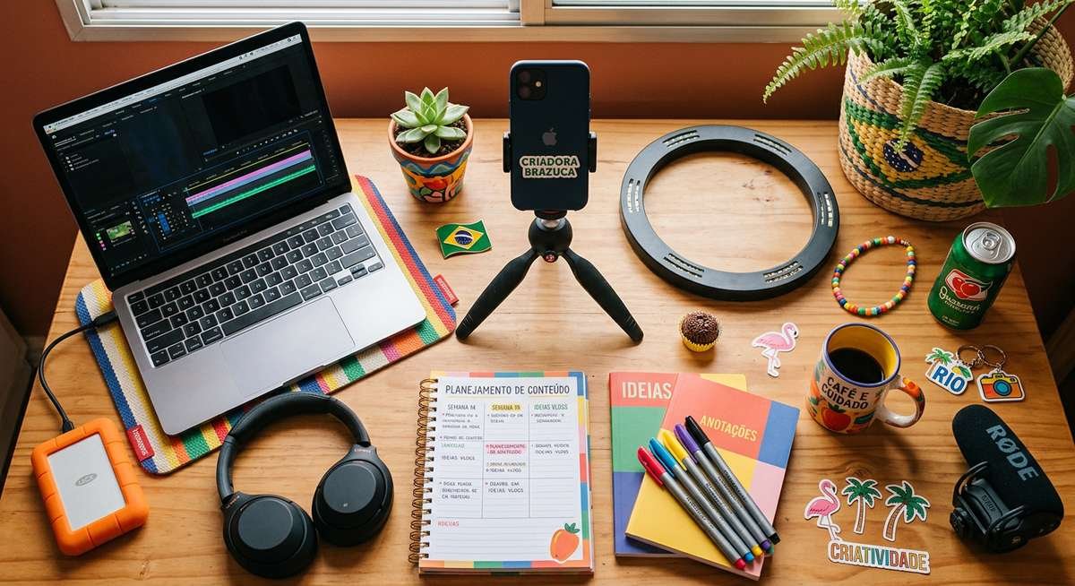 suhmoraes706 Brazilian content creator workspace setup with ring light smartphone and social media equipment