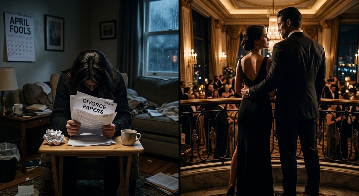 Three ex husbands one scam — woman holding divorce papers on April Fools Day transforming into mafia wife beside powerful Don in dramatic luxury setting