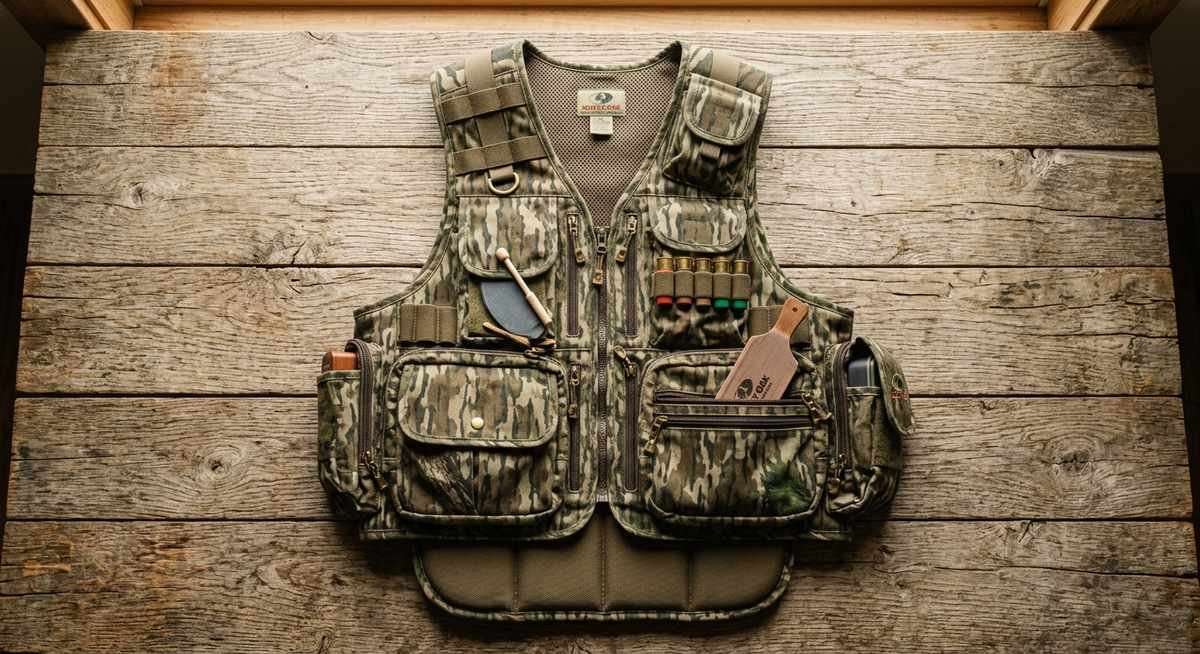 turkey vest — camouflage hunting vest with multiple call pockets and built-in seat cushion laid on rustic wood