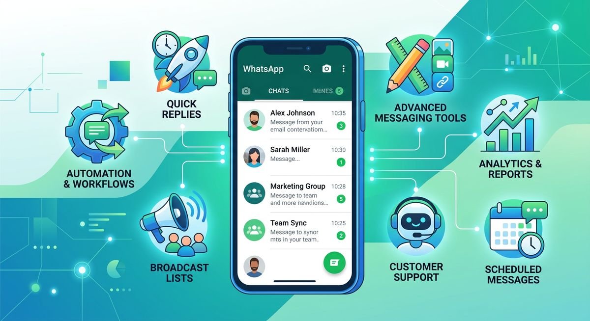 whatsapp logicalshout guide platform overview showing smartphone screen with messaging interface and feature overview icons